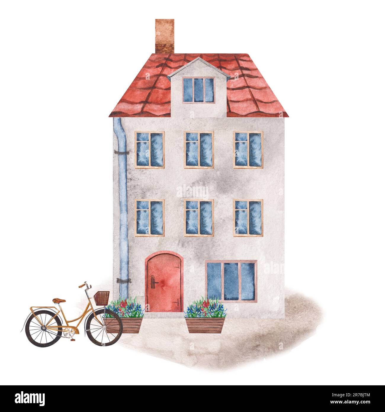 Acquerello illustrazione di una casa con un tetto di tegole rosse, finestre, una porta rossa e vasi da fiori e una bicicletta. Clipart isolata per Foto Stock