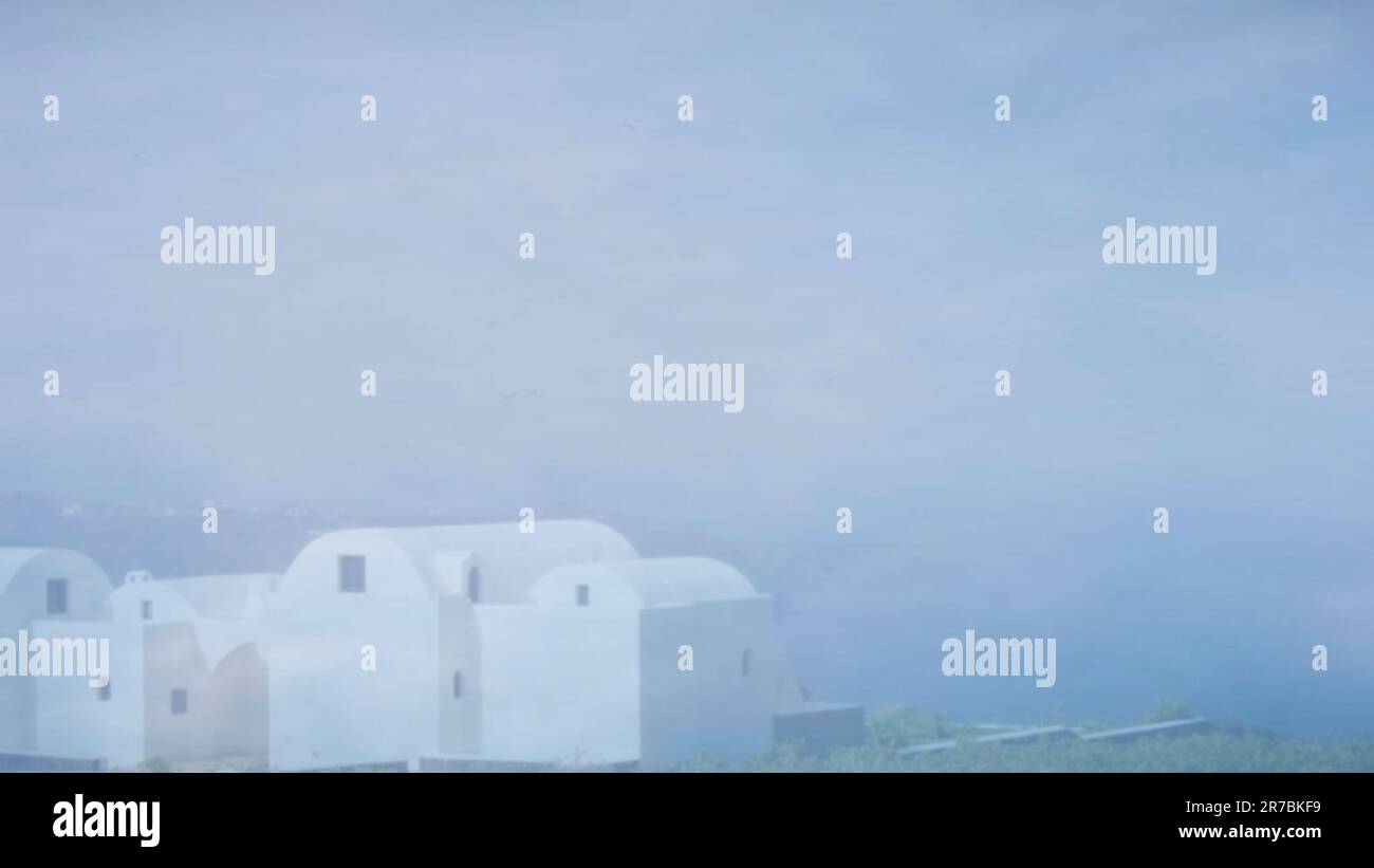 Modello grafico di sfondo di case bianche contro il cielo blu e l'oceano in Grecia Foto Stock