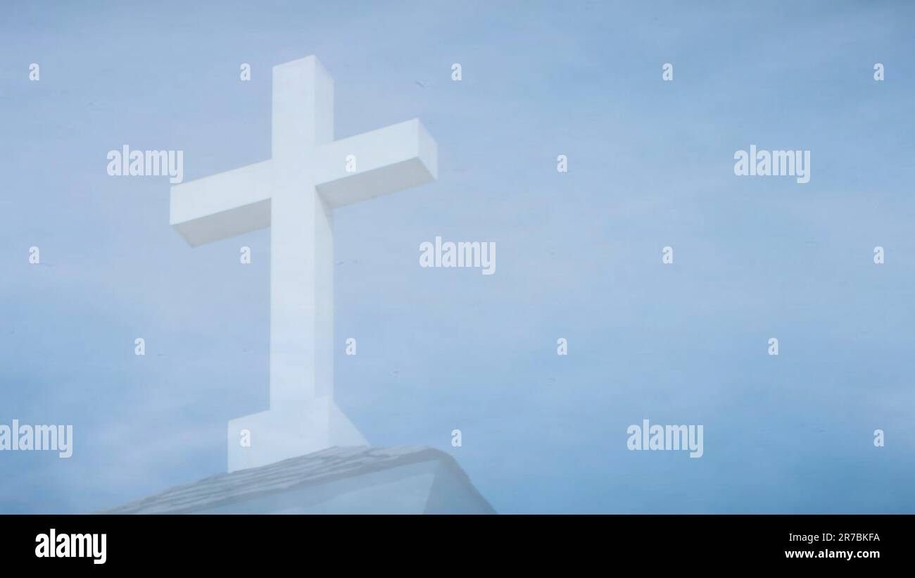 Grande croce bianca in cima alla chiesa in Grecia sotto il cielo blu Foto Stock