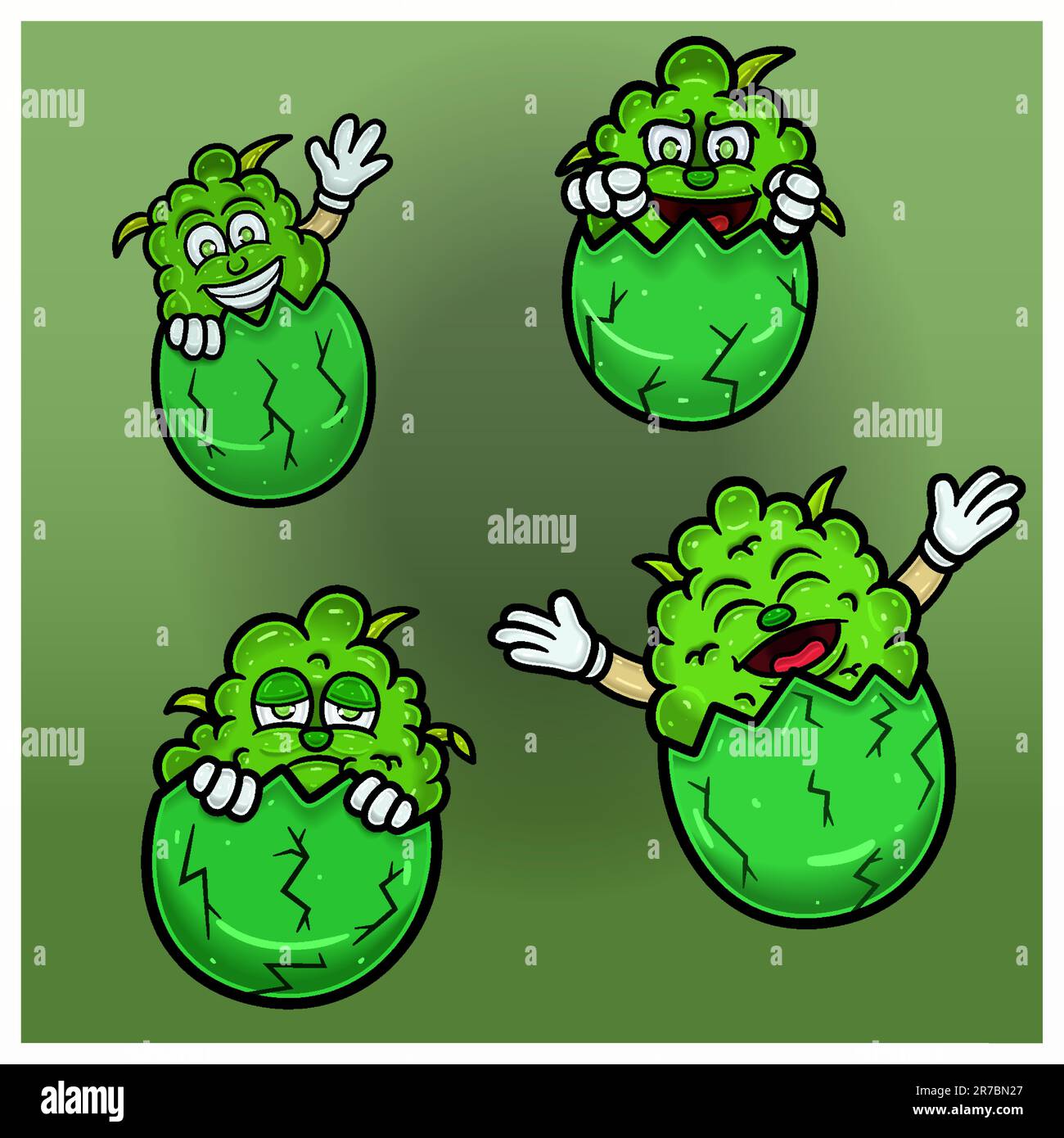Cartoon Mascot di Weed Bud su Egg e Flying. Perfetto per etichette, copertine, imballaggi e progettazione di prodotti. Vettori e illustrazioni. Illustrazione Vettoriale
