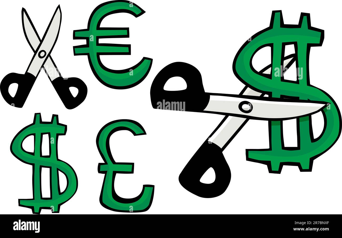 Forbici taglia un simbolo del dollaro degli Stati Uniti, euro o Sterlina Inglese Illustrazione Vettoriale