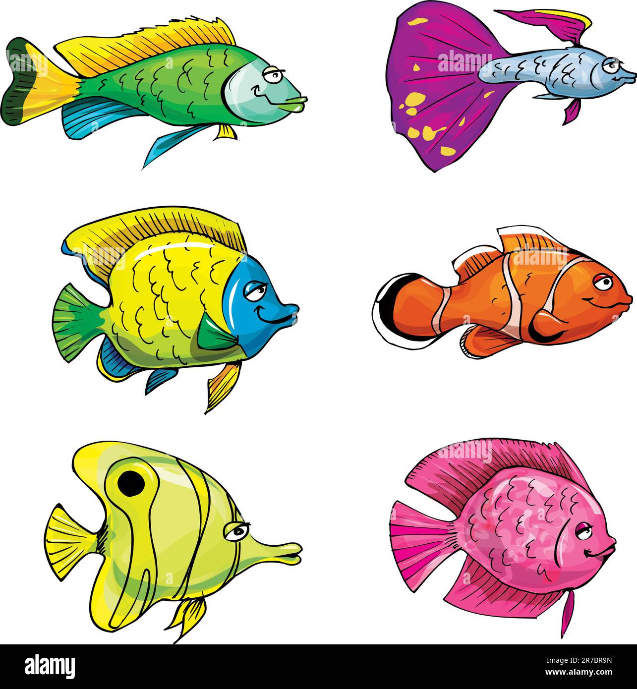 Set di cartoni animati di pesci tropicali. Isolato su bianco Illustrazione Vettoriale