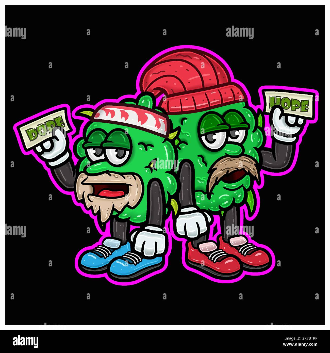 Cartoon Mascot di due gemme Weed sono in piedi con la carta di tenuta. Perfetto per etichette, copertine, imballaggi e progettazione di prodotti. Vettori e illustrazioni. Illustrazione Vettoriale