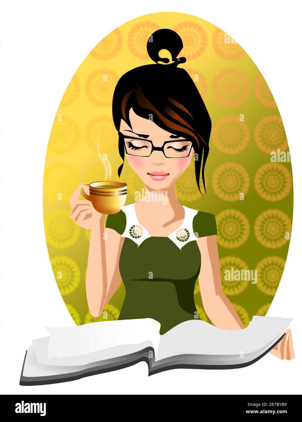 . Illustrazione di un intellettuale che legge un giornale del mattino su una tazza di caffè. Illustrazione Vettoriale