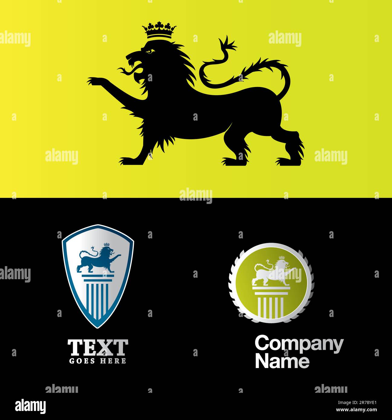 Set di modelli di logo/branding vettoriale aziendale con l'illustrazione del re leone. È sufficiente inserire il proprio marchio, modificabile. Illustrazione Vettoriale