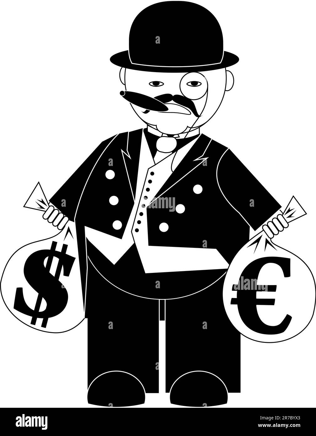 banchiere di cartoni animati con sacchetti di denaro isolati su bianco Illustrazione Vettoriale