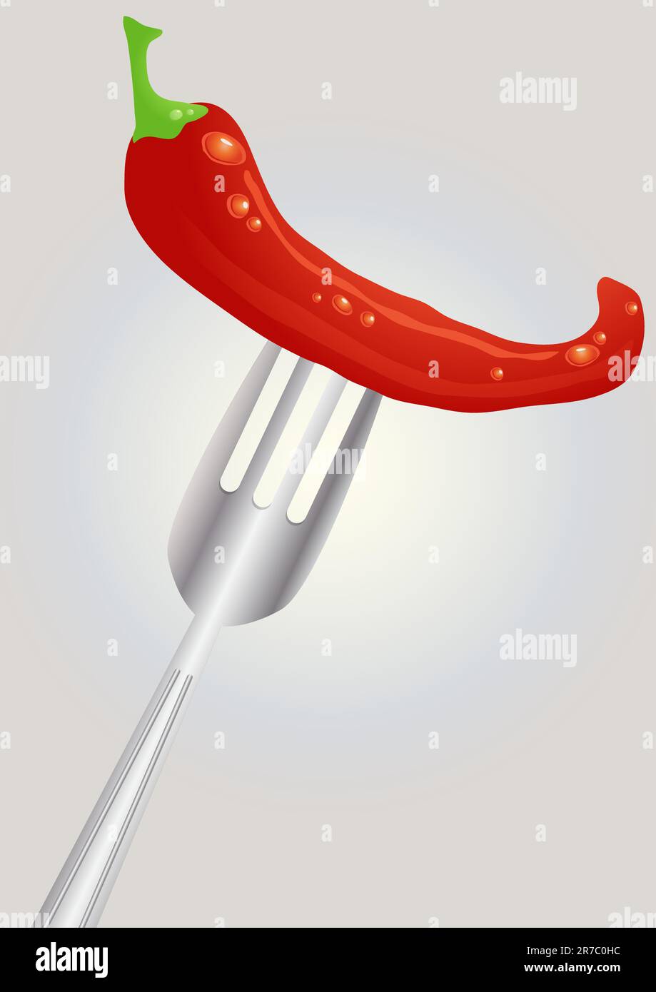 immagine vettoriale del peperoncino rosso caldo, appeso su una forchetta Illustrazione Vettoriale