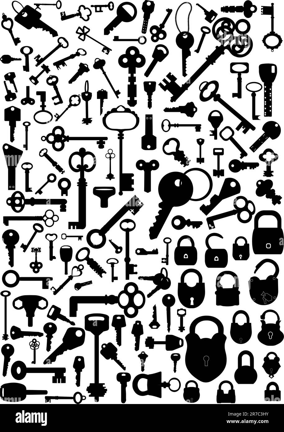 Collezione di chiavi e lucchetti antichi e moderni, illustrazione vettoriale Illustrazione Vettoriale
