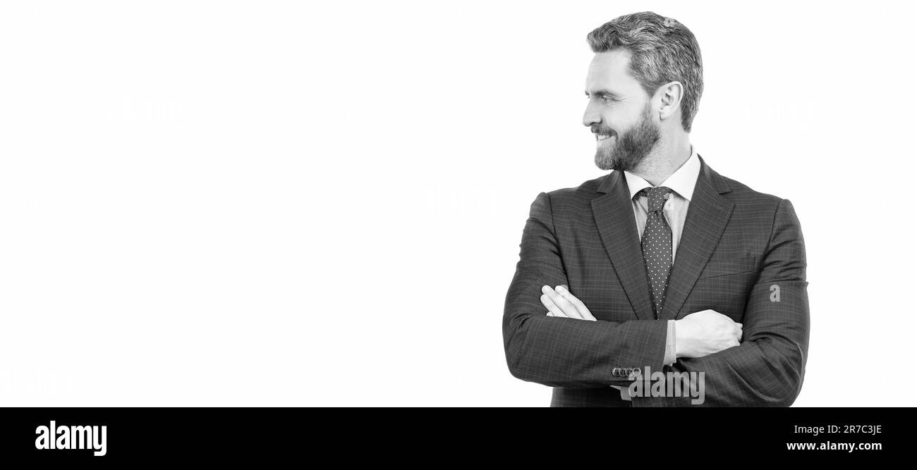 La fiducia è l'abito migliore. Uomo sicuro in abito formale. Concetto di fiducia. Uomo volto ritratto, banner con spazio copia. Uomo d'affari in tuta Foto Stock