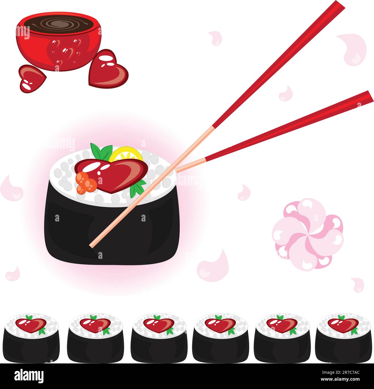 Rulli giapponese con la salsa e bastoncini. Immagine su sfondo bianco per la progettazione Illustrazione Vettoriale Rulli giapponese con la salsa e bastoncini. Immagine su sfondo bianco per la progettazione Illustrazione Vettoriale