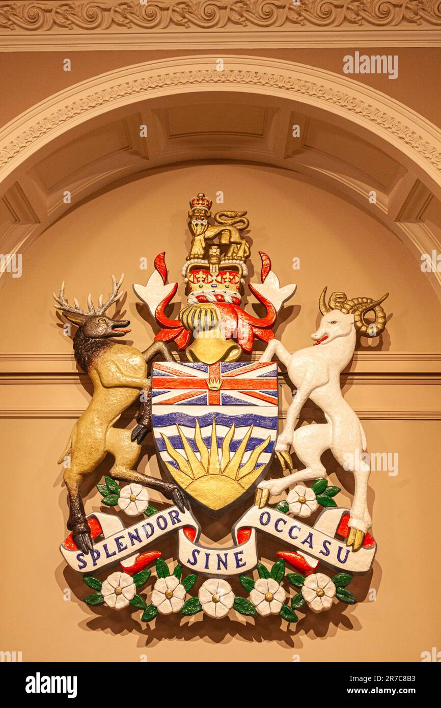 Stemma provinciale della Columbia Britannica nell'edificio legislativo di Victoria, Canada Foto Stock
