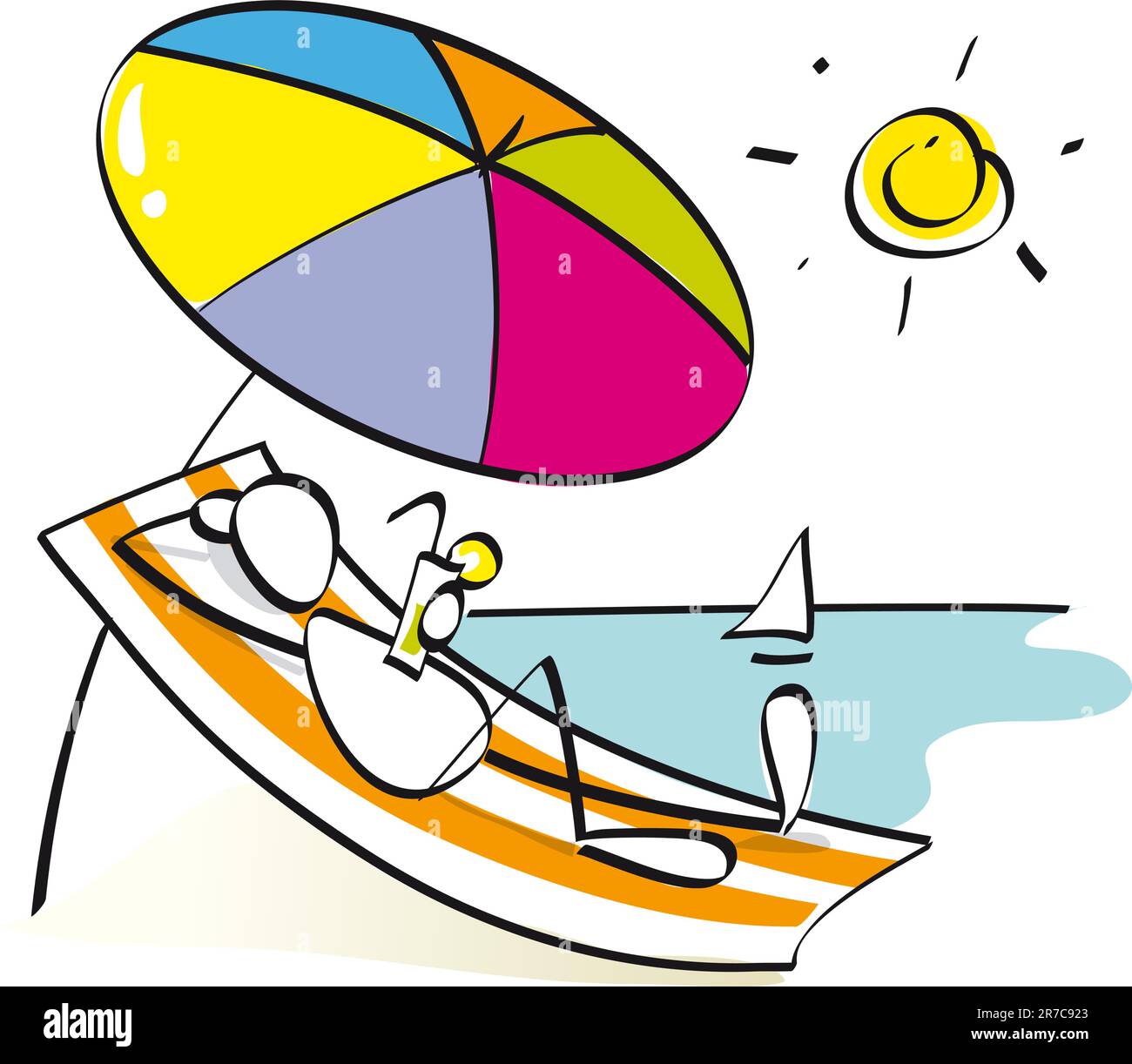 uomo che riposa e si gode l'estate sulla spiaggia sotto l'ombrellone Illustrazione Vettoriale