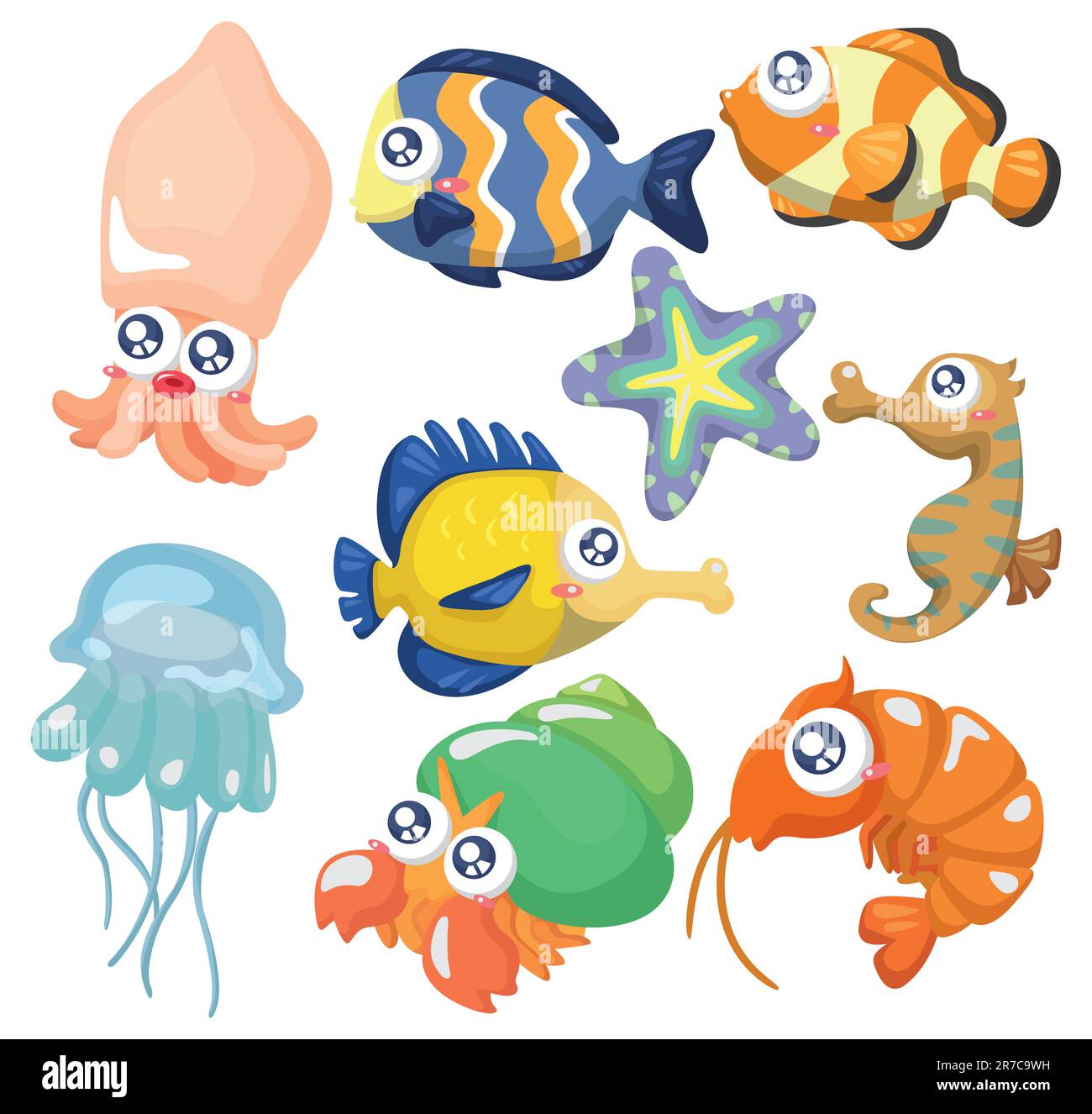 collezione di pesci cartoni animati, set di icone Illustrazione Vettoriale