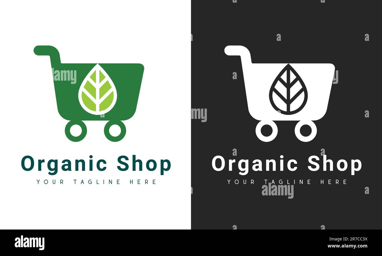 Negozio biologico Logo Design Green Leaf Online Shopping Eco friendly Vegan Illustrazione Vettoriale