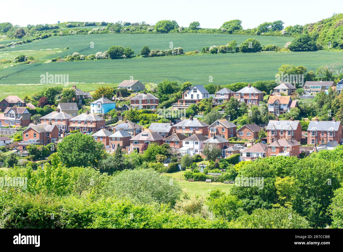 Case circondate da campagna, Carisbrooke, Isola di Wight, Inghilterra, Regno Unito Foto Stock