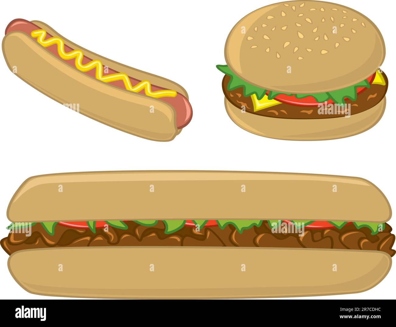 Tre piatti comuni a base di sandwich fast food americani - hot dog, hamburger e bistecche sottomarino. Illustrazione Vettoriale