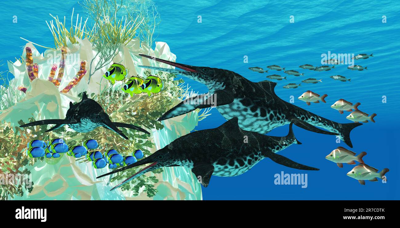 Shonisaurus Ichthyosaurs nuotano tra i pesci che circondano una barriera corallina sottomarina. Foto Stock