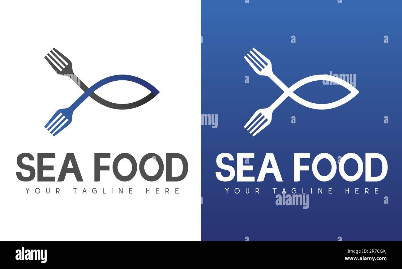 Sea Food Logo Design Blue Fish Eating Fork e Spoon logotipo 3D Gradient Illustrazione Vettoriale