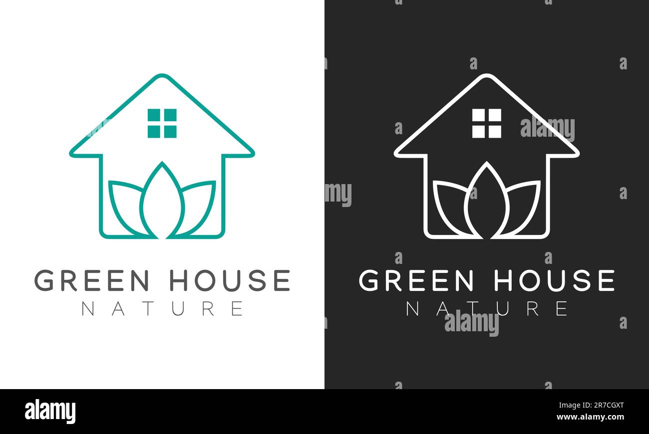 Green House Logo Design foglia con logotipo Casa Tree House Illustrazione Vettoriale