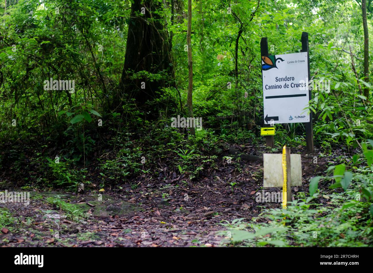 Un cartello dà il benvenuto ai visitatori sul sentiero principale del Parco Nazionale del Camino de Cruces, il famoso percorso dell'epoca coloniale che attraversò Panama. Foto Stock
