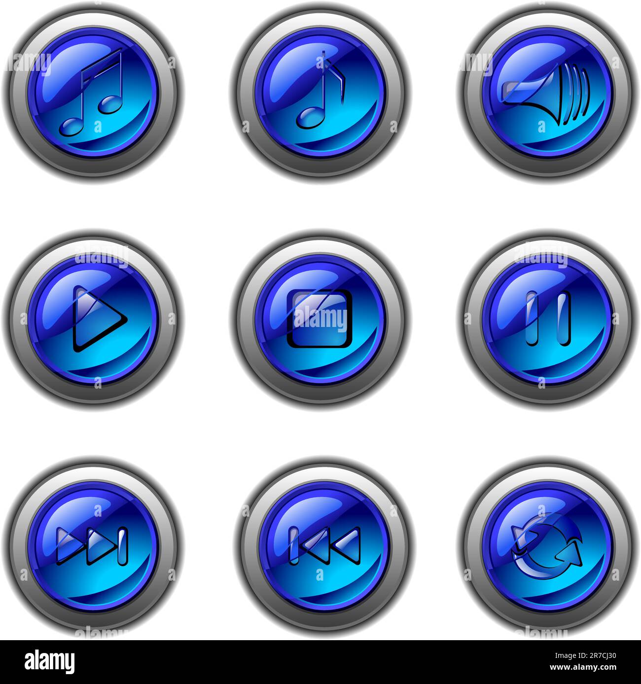 Icone - pulsanti sul tema musicale (per il lettore musicale) in blu Illustrazione Vettoriale