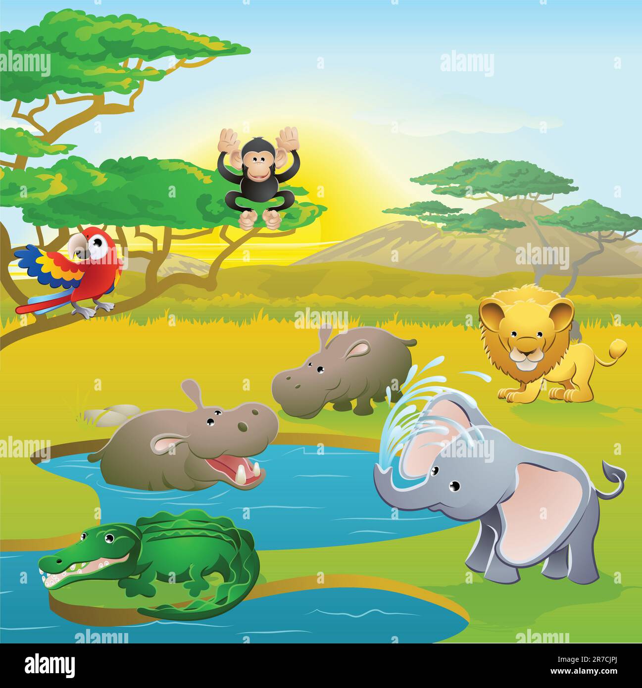 Graziosa scena di personaggi dei cartoni animati degli animali da safari africani. Serie di tre illustrazioni che possono essere utilizzate separatamente o affiancate per formare la... Illustrazione Vettoriale
