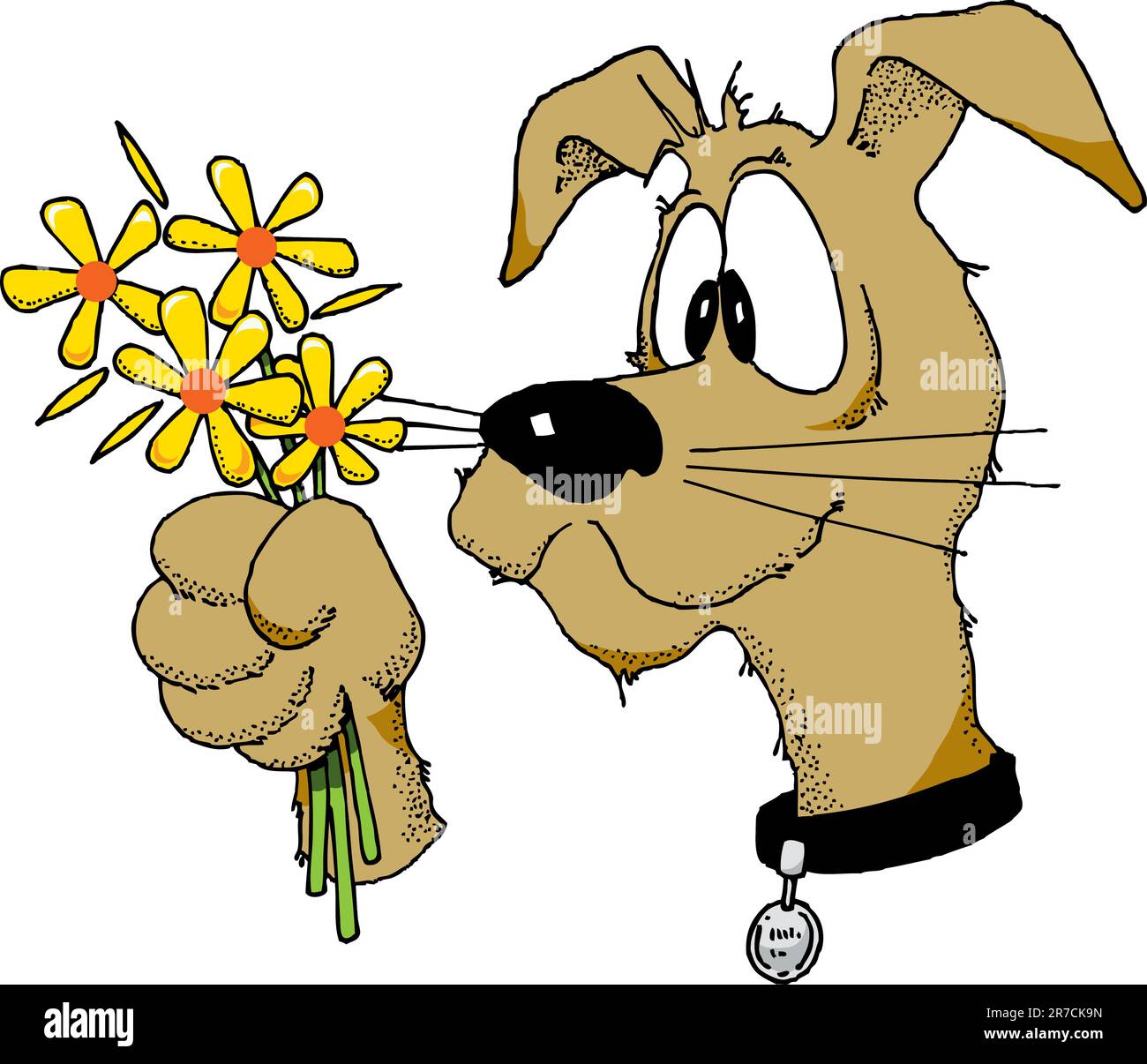 Immagine da cartone animato di un cane che regge un mazzo di fiori. Illustrazione Vettoriale