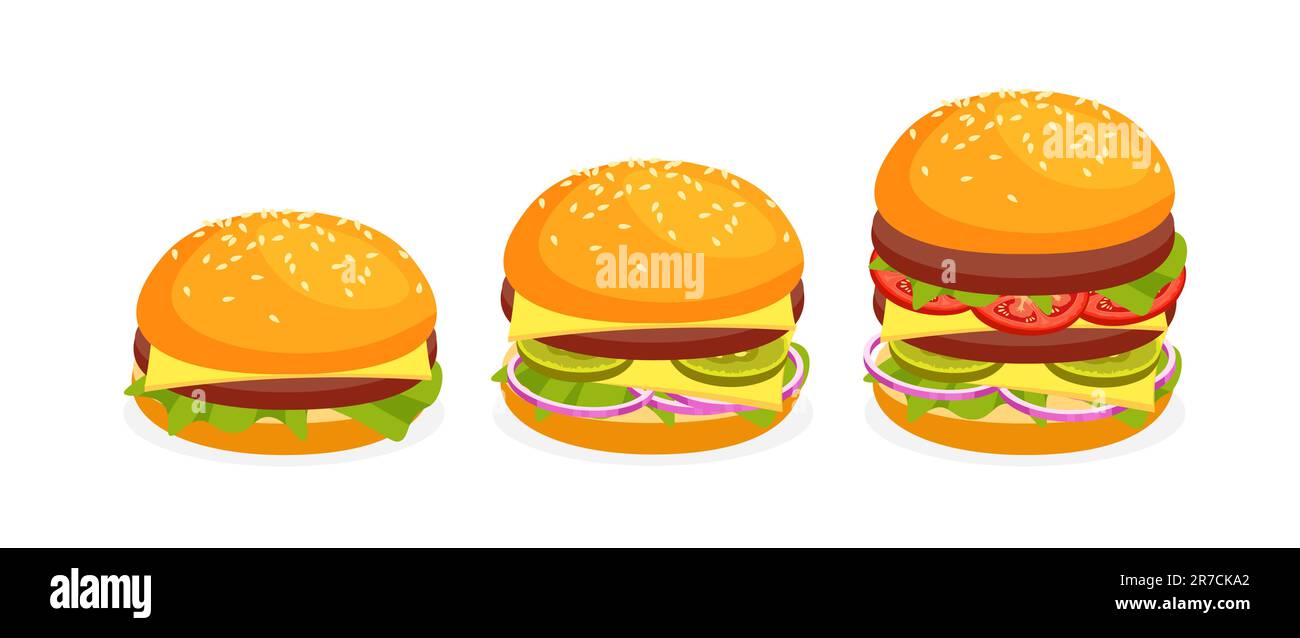 Hamburger americani di diverse dimensioni. Set di vari hamburger con formaggio, pomodori, tritare, lattuga, cipolla. Fast food o junkfood. Illustrazione Vettoriale