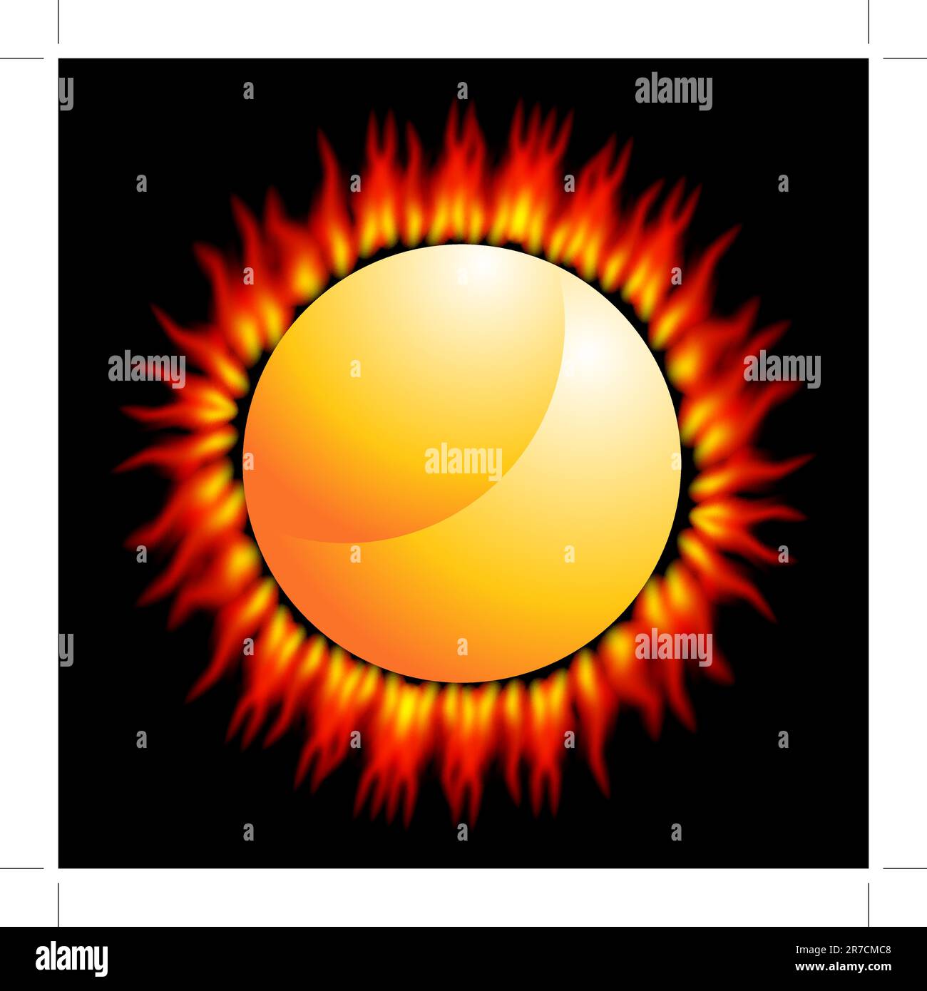 Una immagine di una fiamma ardente sole su uno sfondo nero. Illustrazione Vettoriale