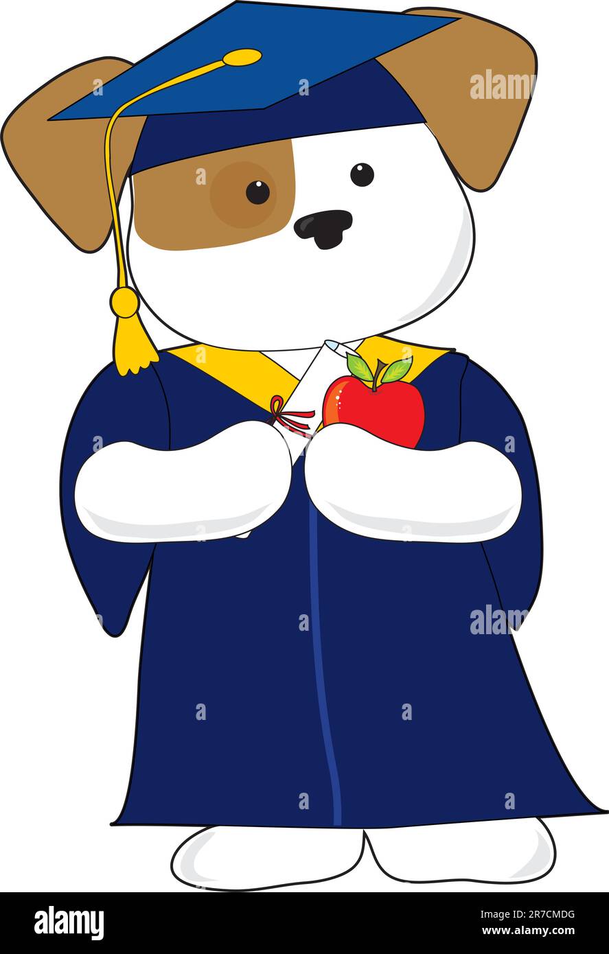 Un cucciolo carino indossa un berretto e un abito per la graduazione. In possesso di un diploma e di una mela Illustrazione Vettoriale