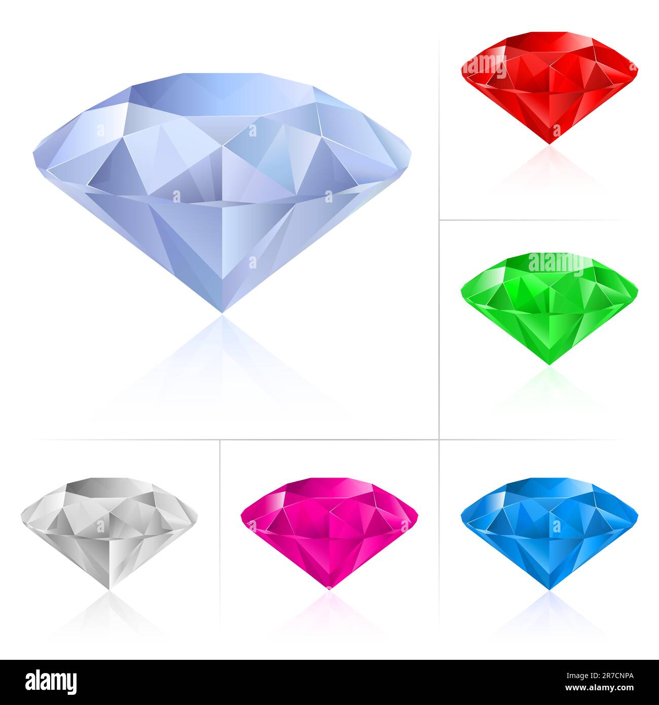 Diamanti realistici in diversi colori. Illustrazione per la progettazione su sfondo bianco Illustrazione Vettoriale