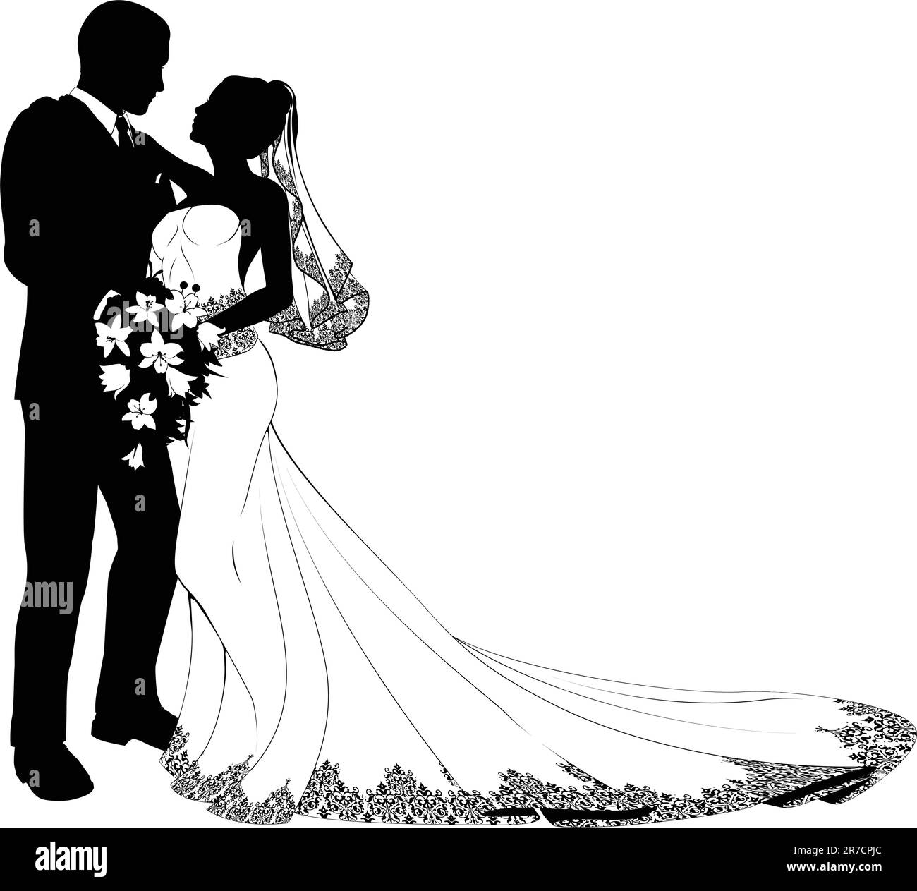 La sposa e lo sposo il giorno delle nozze circa a baciare in silhouette Illustrazione Vettoriale