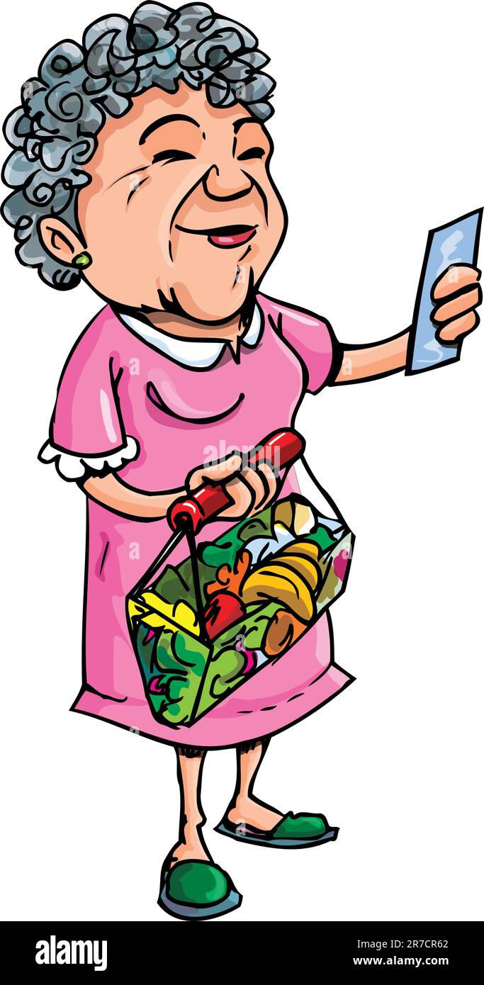 Cartone animato di una vecchia signora che fa shopping con la sua lista della spesa. Isolato su bianco Illustrazione Vettoriale
