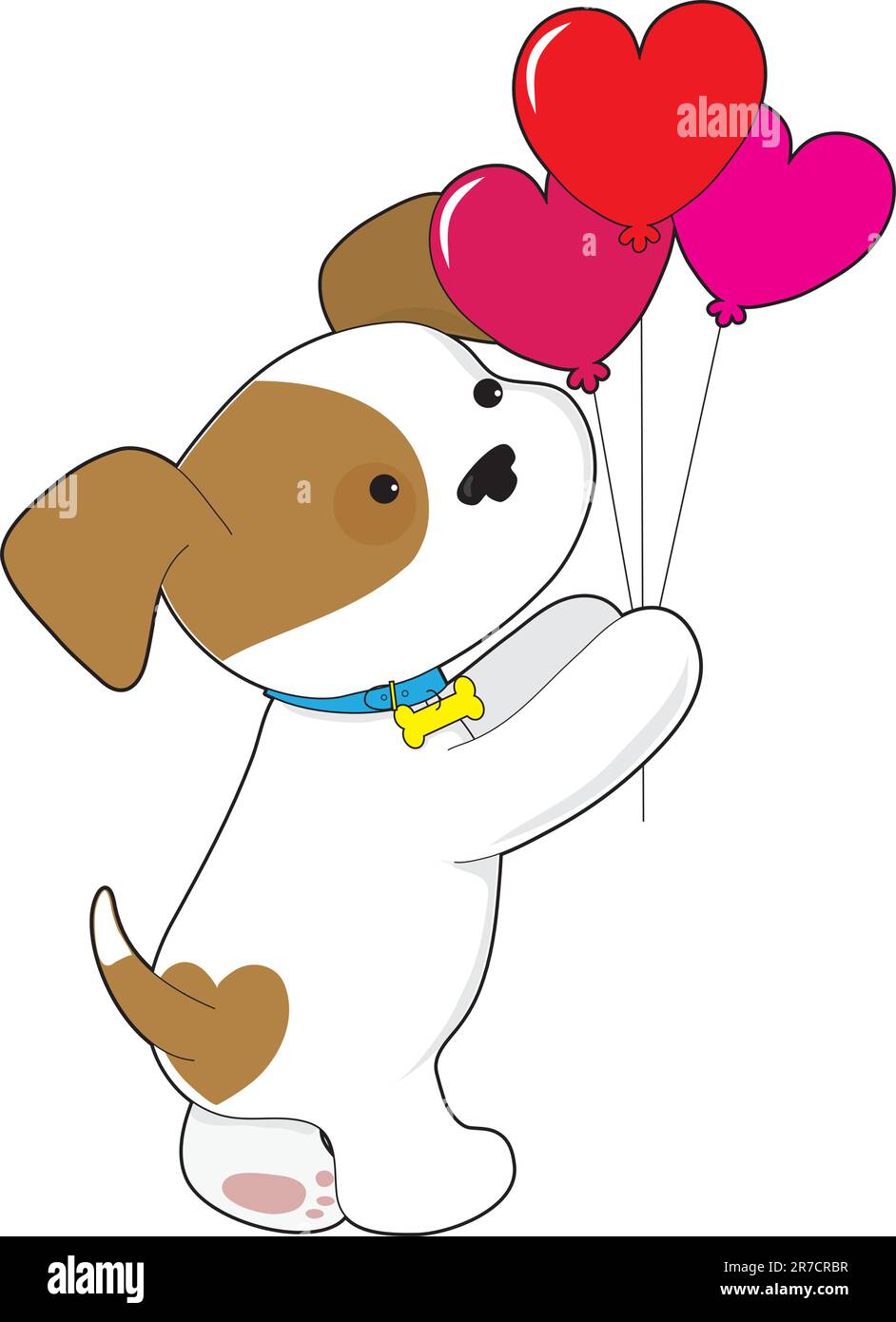 Un grazioso cucciolo di razza mista tiene in mano un bouquet di palloncini a forma di cuore Illustrazione Vettoriale