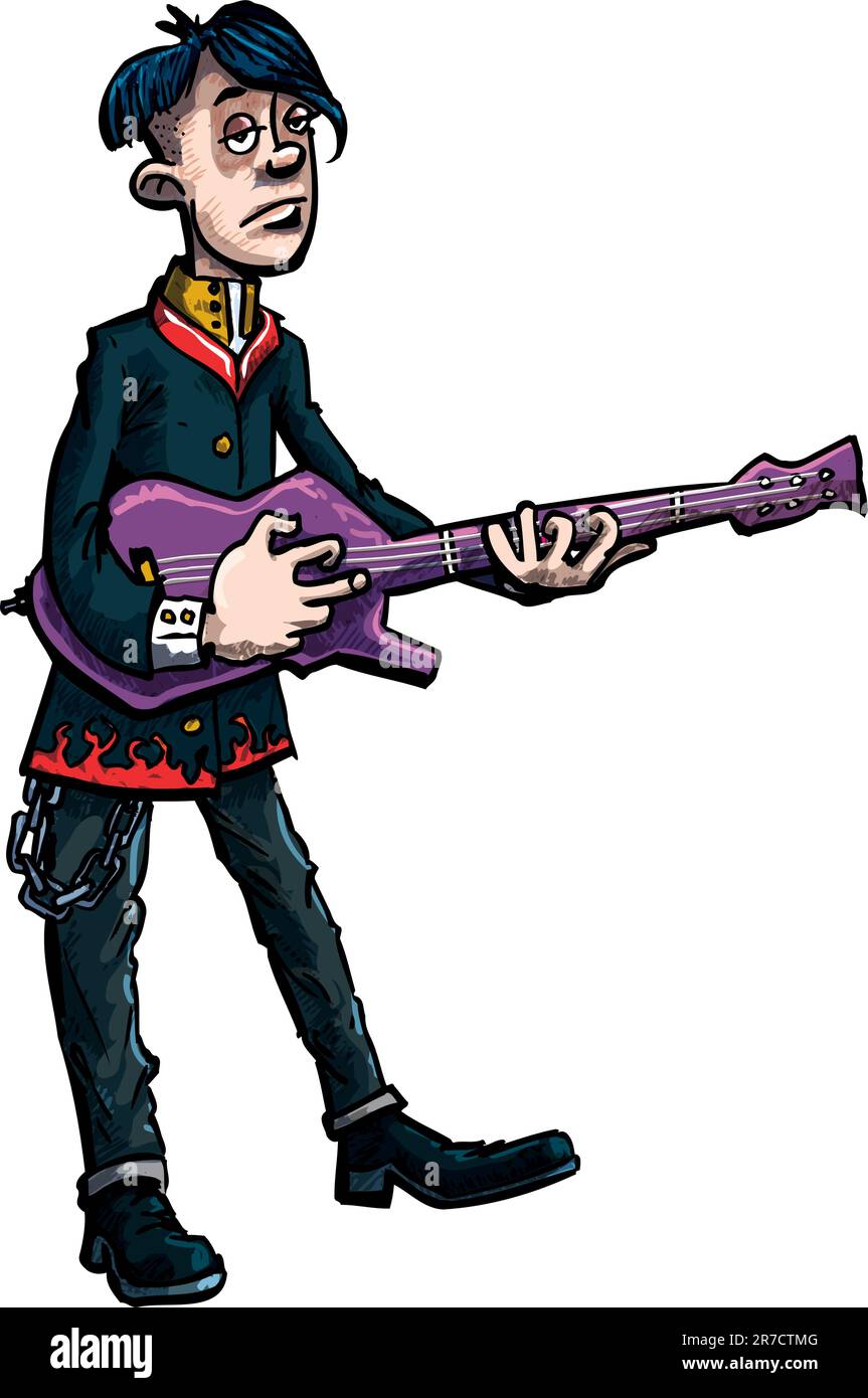 Cartoon emo rock cantante con chitarra.isolato su bianco Illustrazione Vettoriale