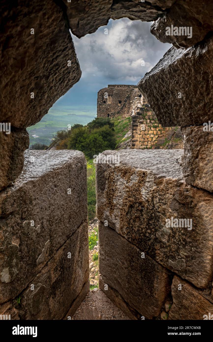 LA PARETE MERIDIONALE CASTELLO DI NIMROD (1228-1230) NIMROD FORTEZZA NATIONAL PARK GOLAN ISRAELE Foto Stock