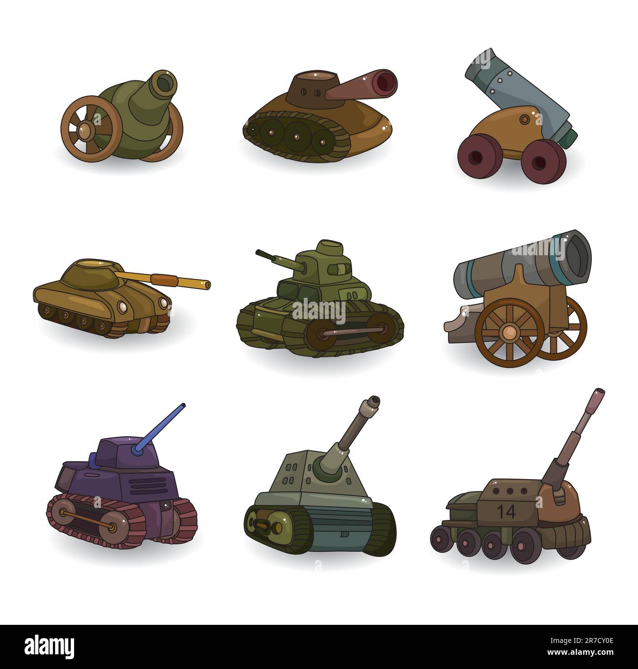 Icona Cartoon Tank/Cannon Weapon Set Illustrazione Vettoriale