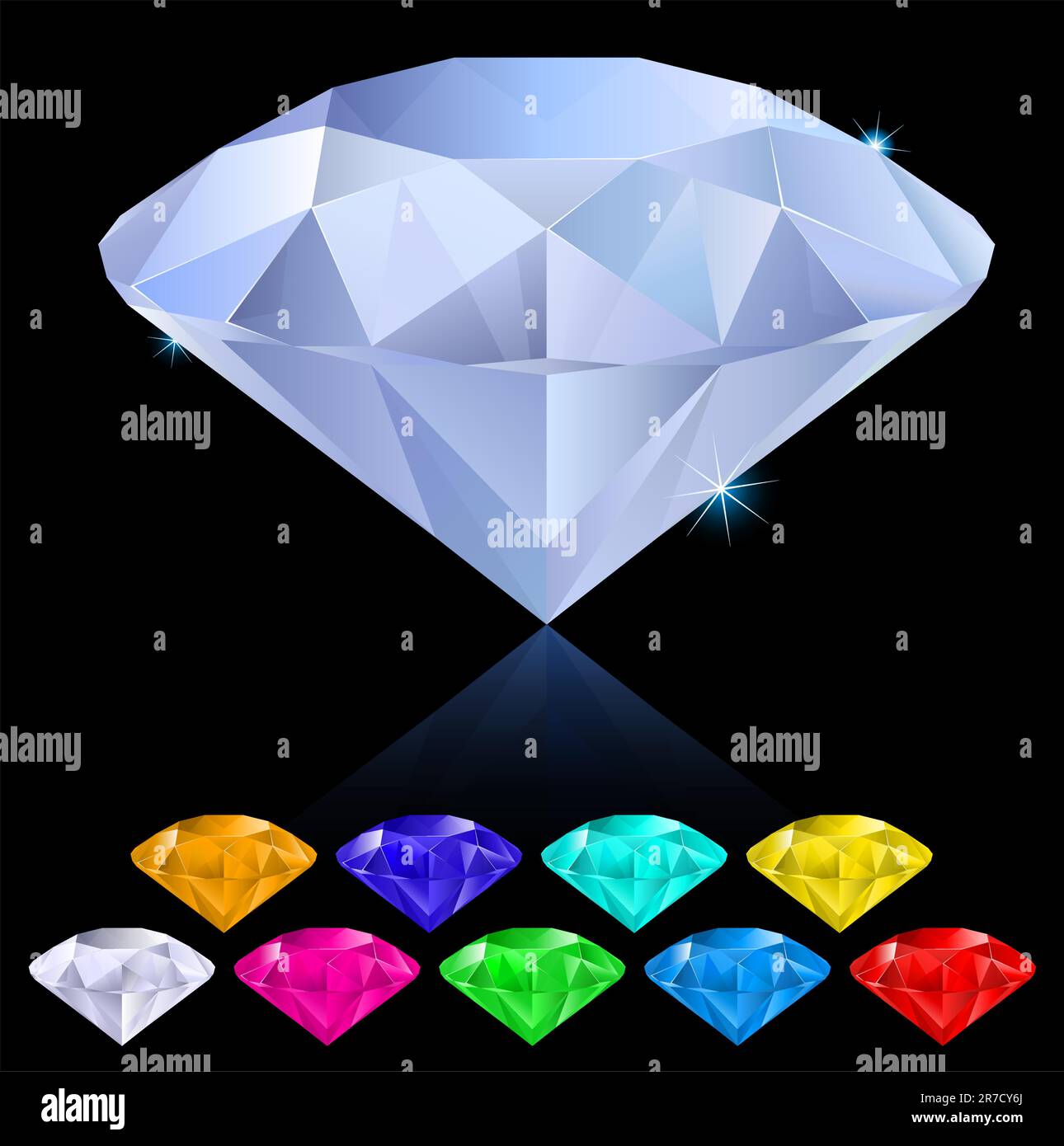 Diamanti realistici in diversi colori. Illustrazione per la progettazione su sfondo nero Illustrazione Vettoriale