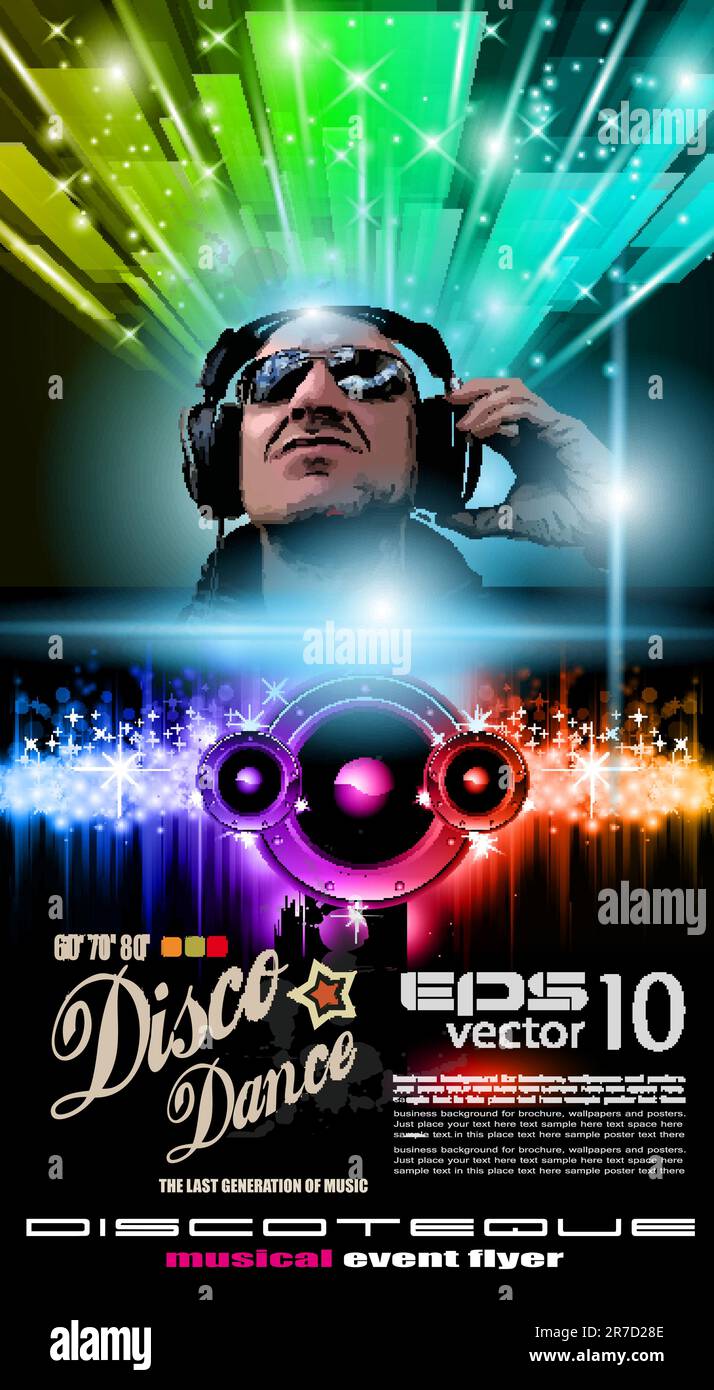 Disco Music Flyer con Disk Jokey Shape e luci Rainbow. Pronto per l'evento poster della serata. Illustrazione Vettoriale