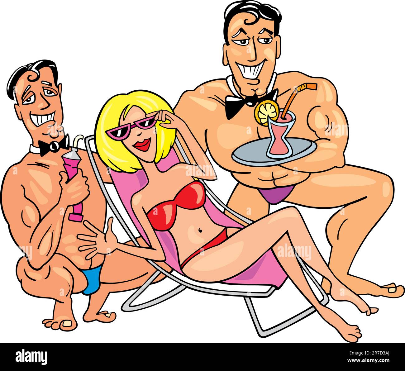 Illustrazione della donna felice sulla spiaggia con due ragazzi belli Illustrazione Vettoriale