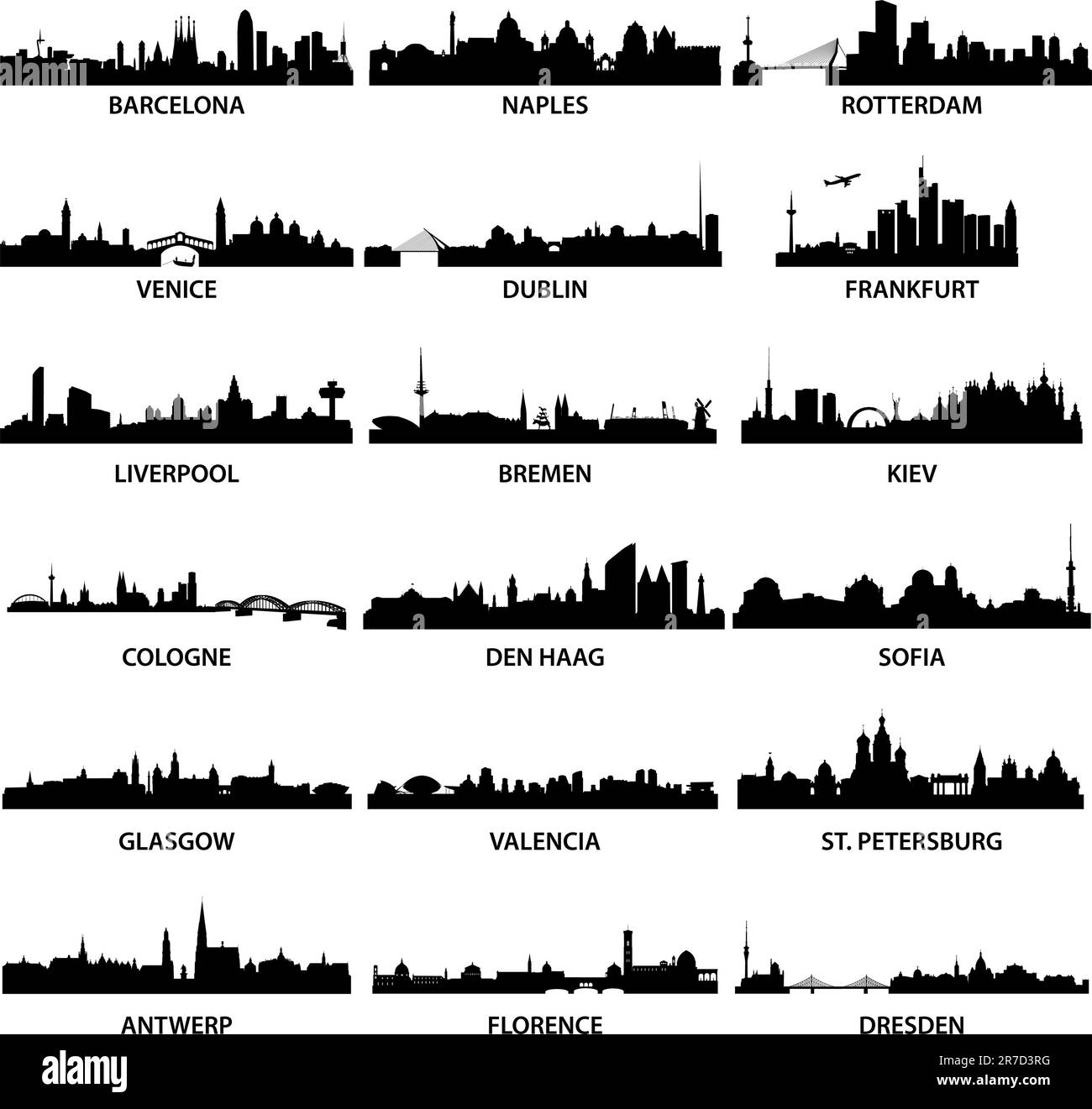 illustrazioni dettagliate di diverse città europee Illustrazione Vettoriale