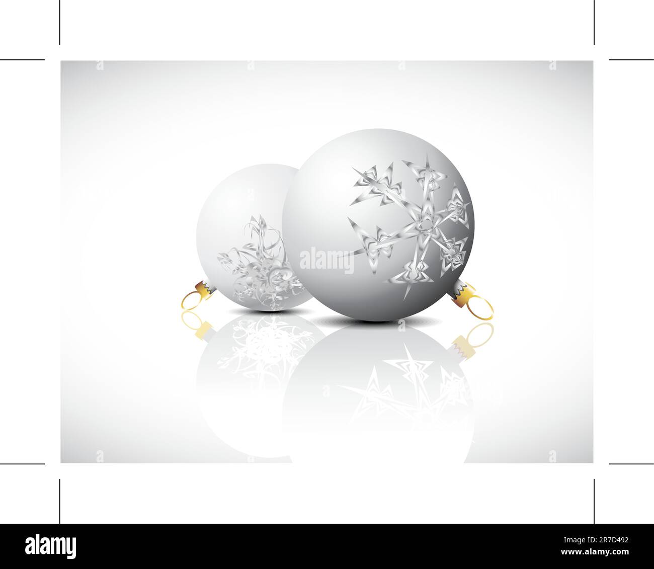 Bianco Natale bulbi con ornamenti a fiocchi di neve su sfondo bianco Illustrazione Vettoriale
