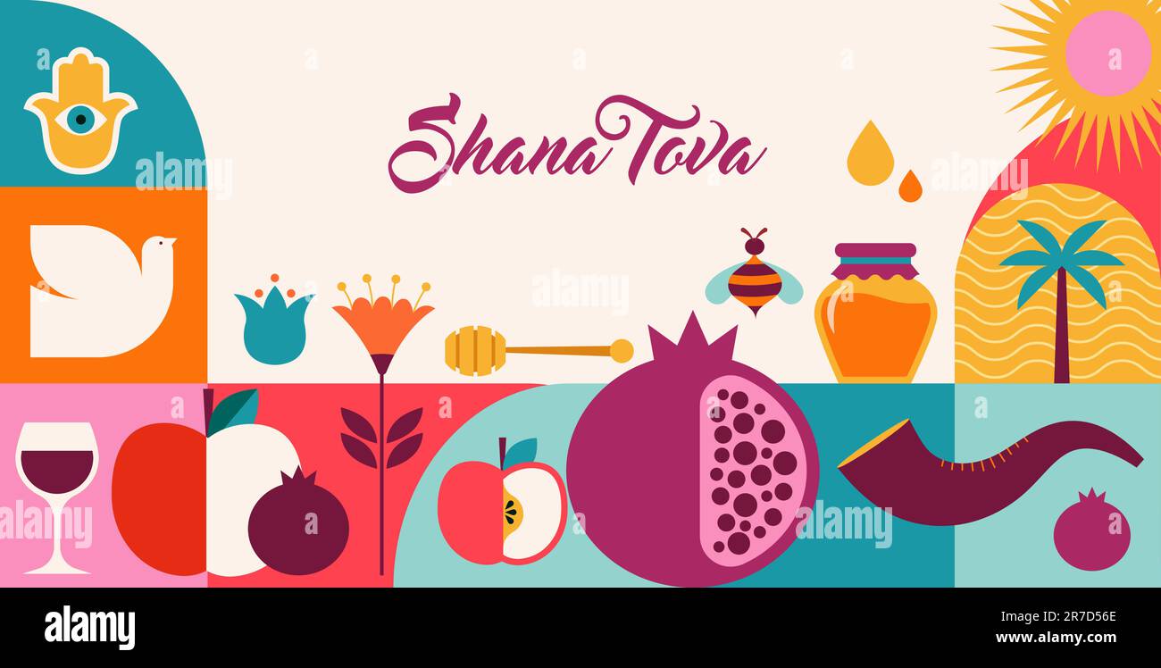Rosh Hashanah sfondo, banner, stile geometrico. Shana Tova, felice anno nuovo ebraico, concept design Illustrazione Vettoriale