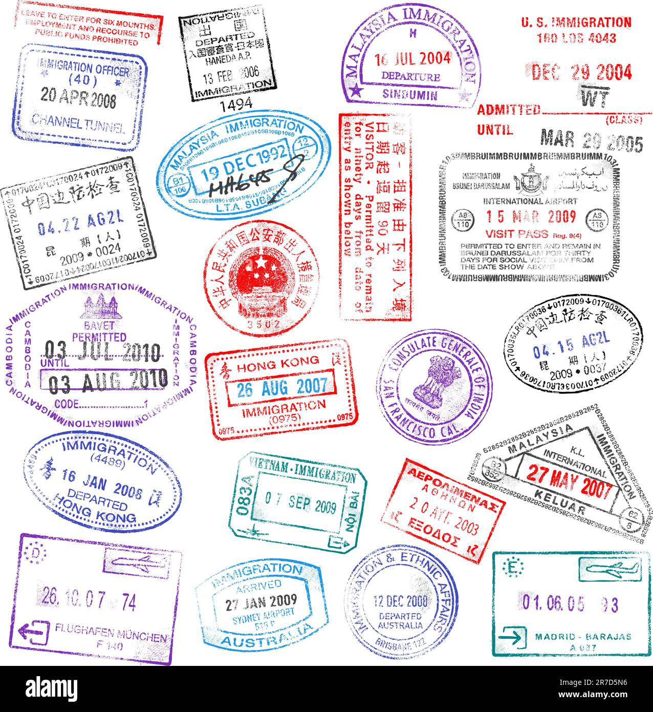 Una collezione di timbri per passaporti estremamente dettagliati, tutti ispirati ai veri timbri per passaporti, ma completamente creati con Illustrator CS3. Illustrazione Vettoriale