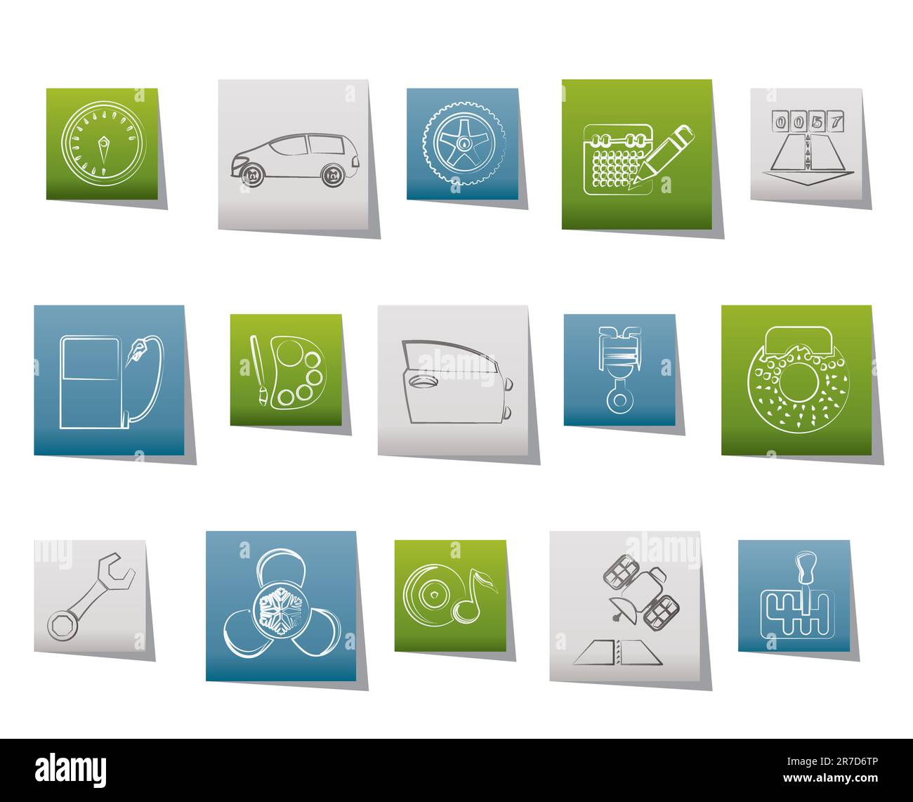 Le parti di ricambio delle automobili, servizi e caratteristiche icone - vettore icona impostare Illustrazione Vettoriale