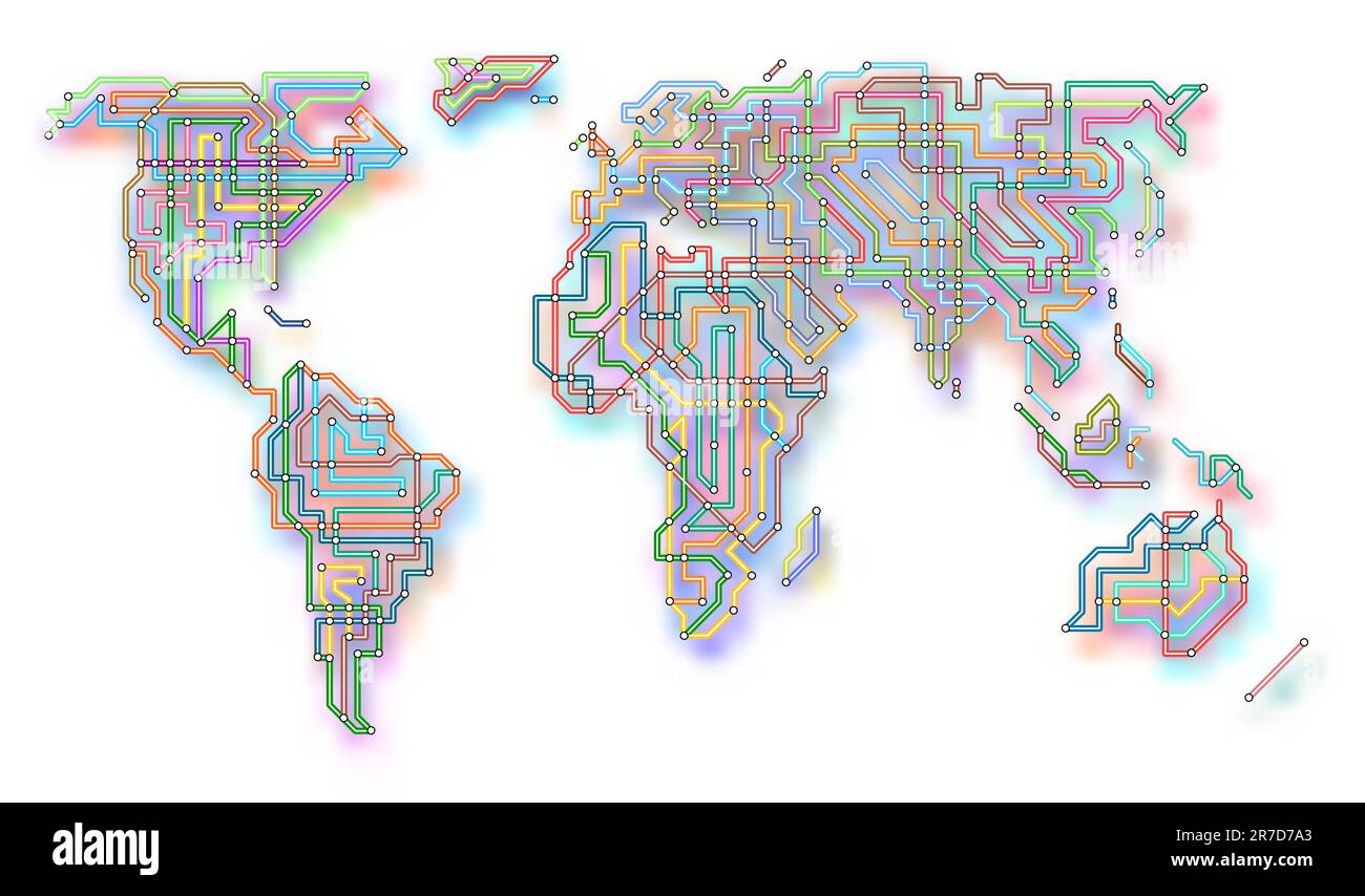 Modificabile illustrazione vettoriale del mondo nello stile di una mappa della metropolitana con colore ombra eseguita utilizzando un gradiente mesh Illustrazione Vettoriale Modificabile illustrazione vettoriale del mondo nello stile di una mappa della metropolitana con colore ombra eseguita utilizzando un gradiente mesh Illustrazione Vettoriale