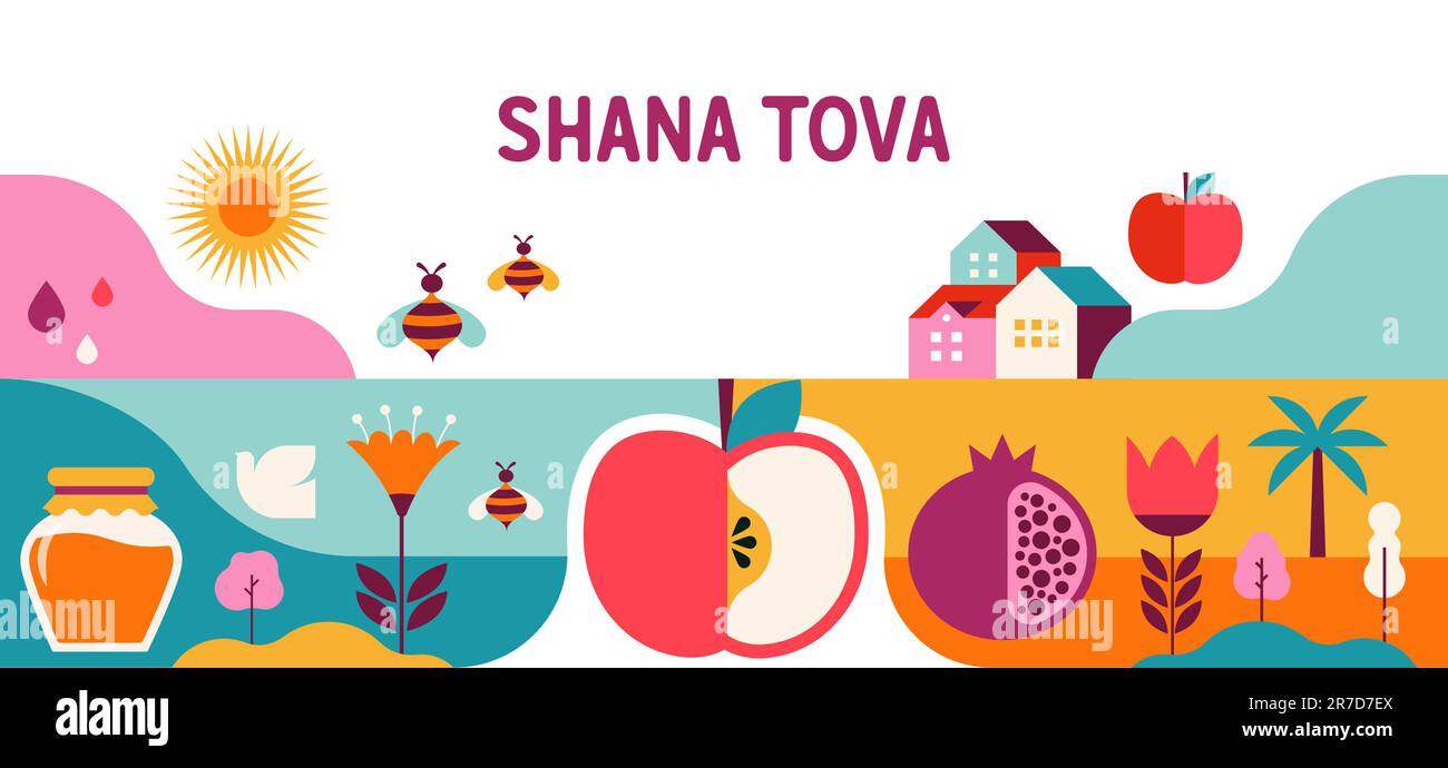 Sfondo Rosh Hashanah, banner, stile geometrico piatto. Shana Tova, felice anno nuovo ebraico, concept design Illustrazione Vettoriale