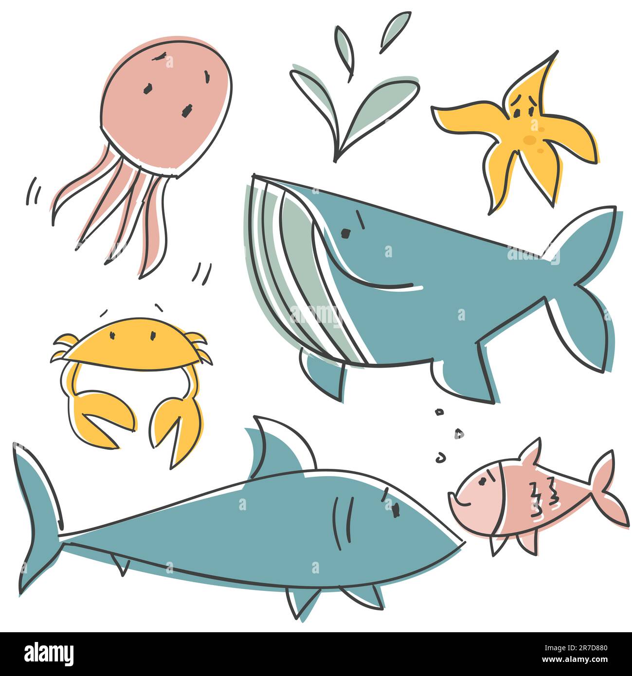 Doodle Sea Animals, illustrazione vettoriale Illustrazione Vettoriale