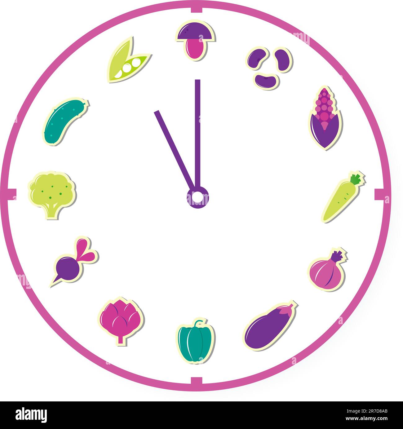 Orologio che mostra cibi sani, icone vegetali. Vettore Illustrazione Vettoriale