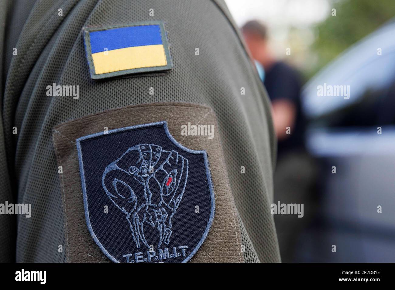 La sezione Men of the Artificial Intelligence (A.I.) dell'esercito ucraino, la 'unità TERMIT', mostra le attuali generazioni di droni tattici di terra che funzionano come armi anticarro, a Zhytomyr Oblast, il 29 maggio 2023. Essi stimano che questi strumenti in rapida evoluzione salvano la vita di 10-20 ucraini ciascuno. La loro gamma è classificata. (Foto di John Rudoff/Sipa USA) Credit: Sipa USA/Alamy Live News Foto Stock